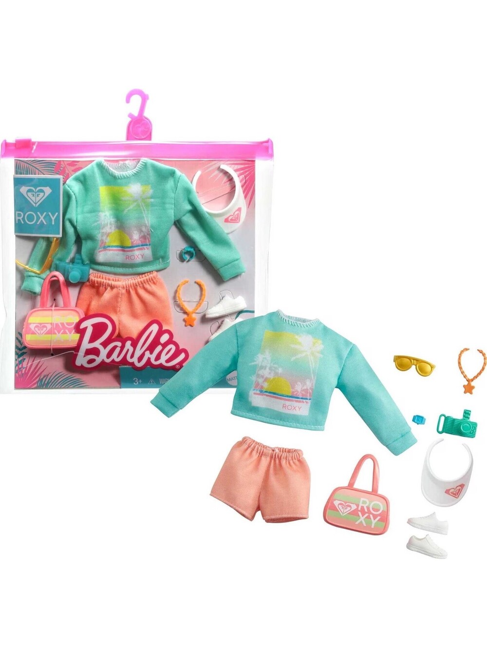 Barbie Roxy-Inspired Fashion Pack:Sweatshirt, Orange Shorts & 7 Beach Theme Acc